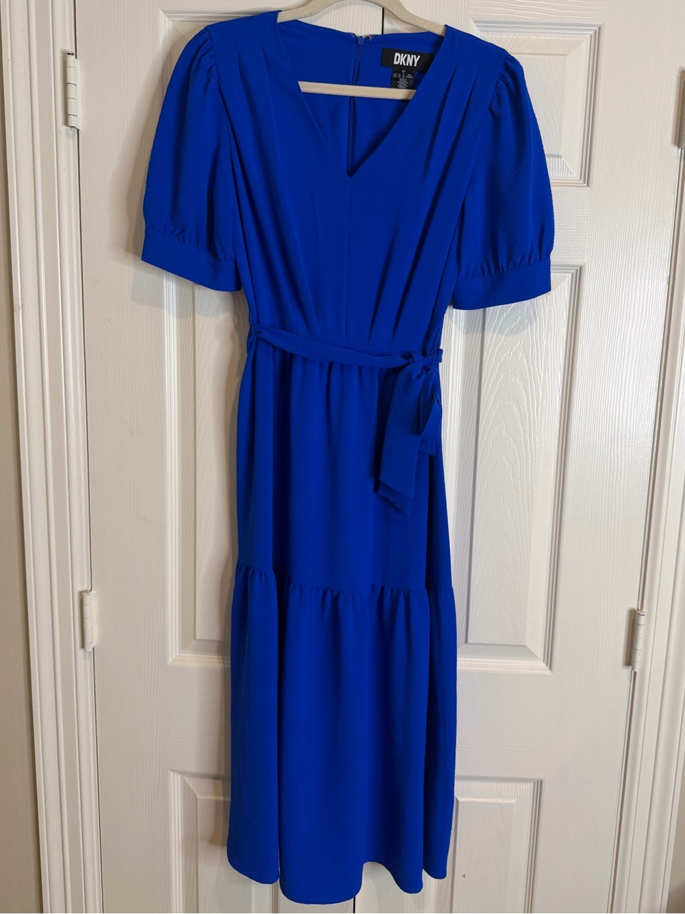 DKNY Cobalt Blue V-Neck Tie-Waist Midi Dress